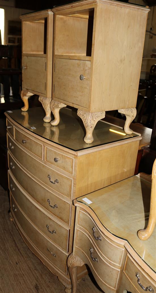 1950s maplebowfront chest and pair bedside chests